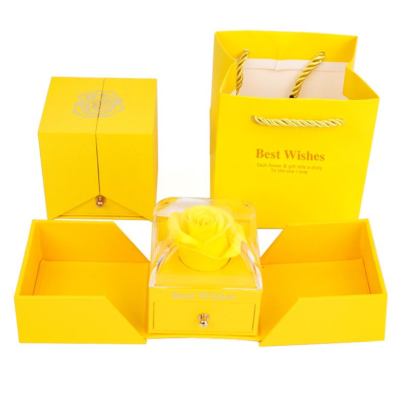 Jewelry Packaging Box Double Open Gatefold Rose Flower Gift Box with Drawer Custom Logo Velvet Ring Earring Necklace Case