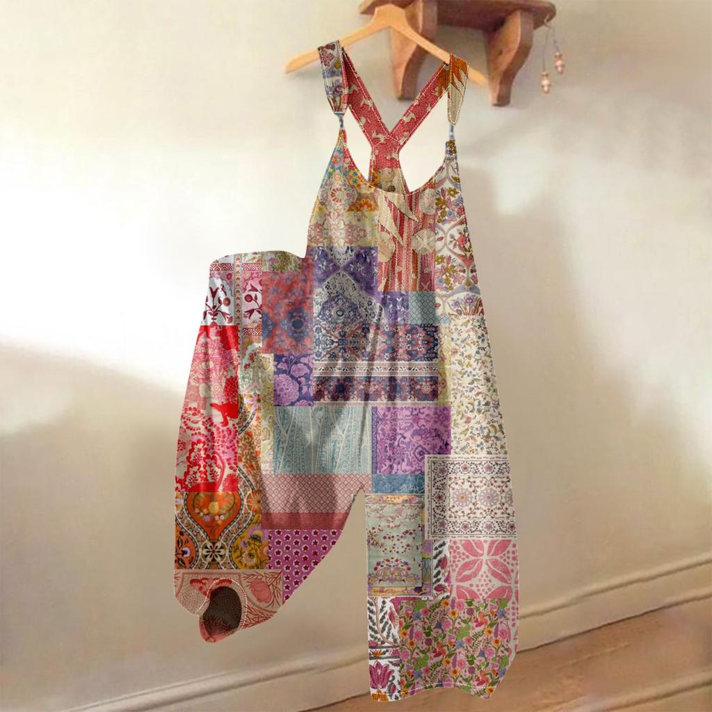 Damen Sommer Overalls Blumendruck Vintage Jumpsuit (Nicht verstellbare Träger)