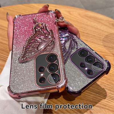 Glitter Plating Quicksand Butterfly Phone Holder Case for Samsung Galaxy S25 S24 S23 S22 S21 S20 Plus FE Note 20 10 Ultra Cover