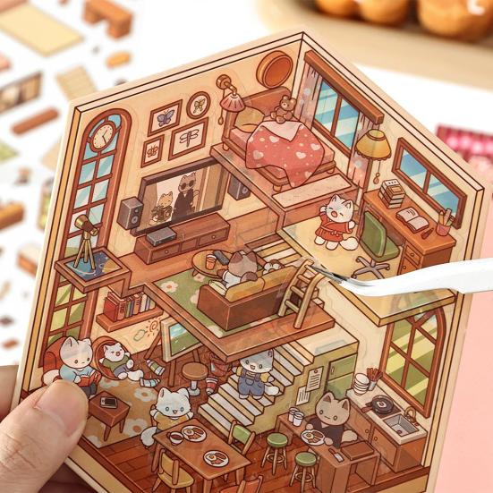 4Pcs DIY Scene Stickers 3D Miniature House Stickers Set Reusable Easy To Use DIY Projects Bookstore Scene Stickers