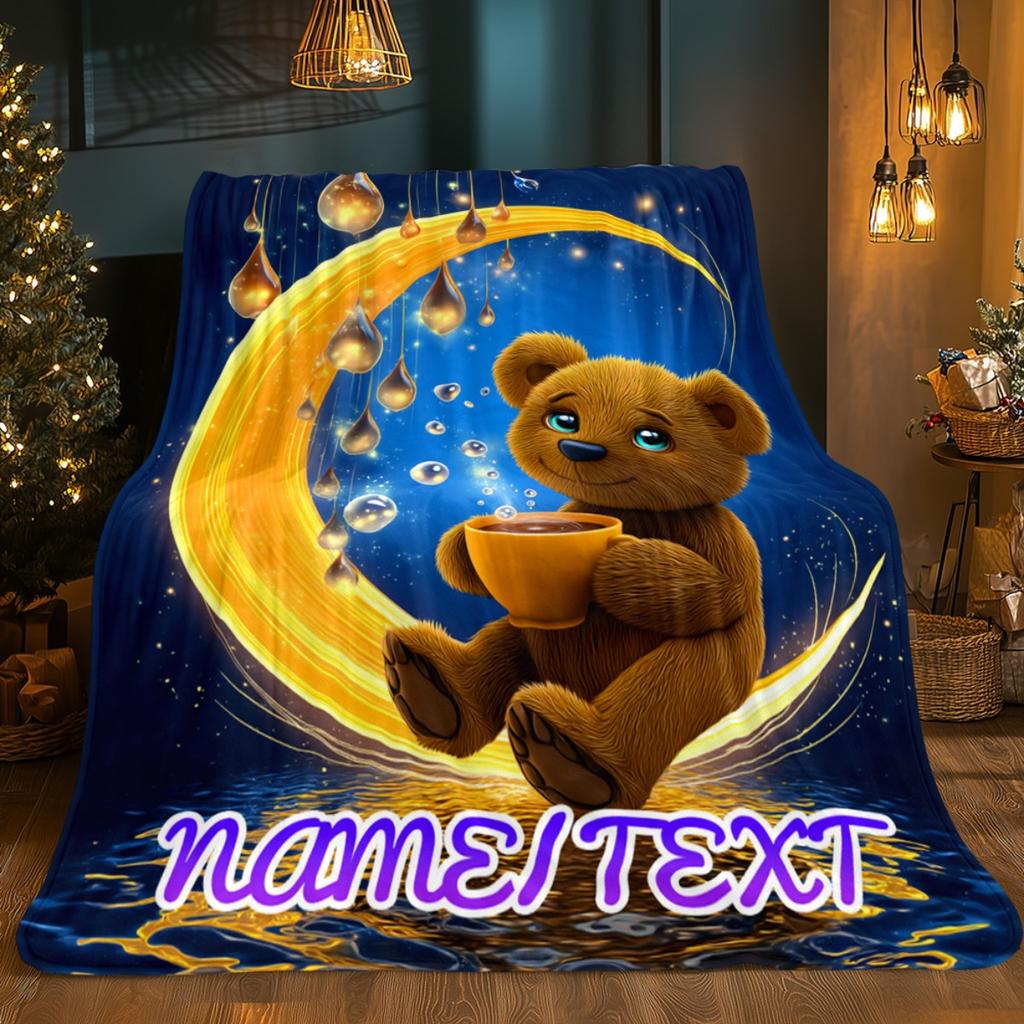 Custom Name Plush Teddy Bear Flannel Blanket, Suitable For Sofa, Bed, Birthdays, Children, Friends, Gifts