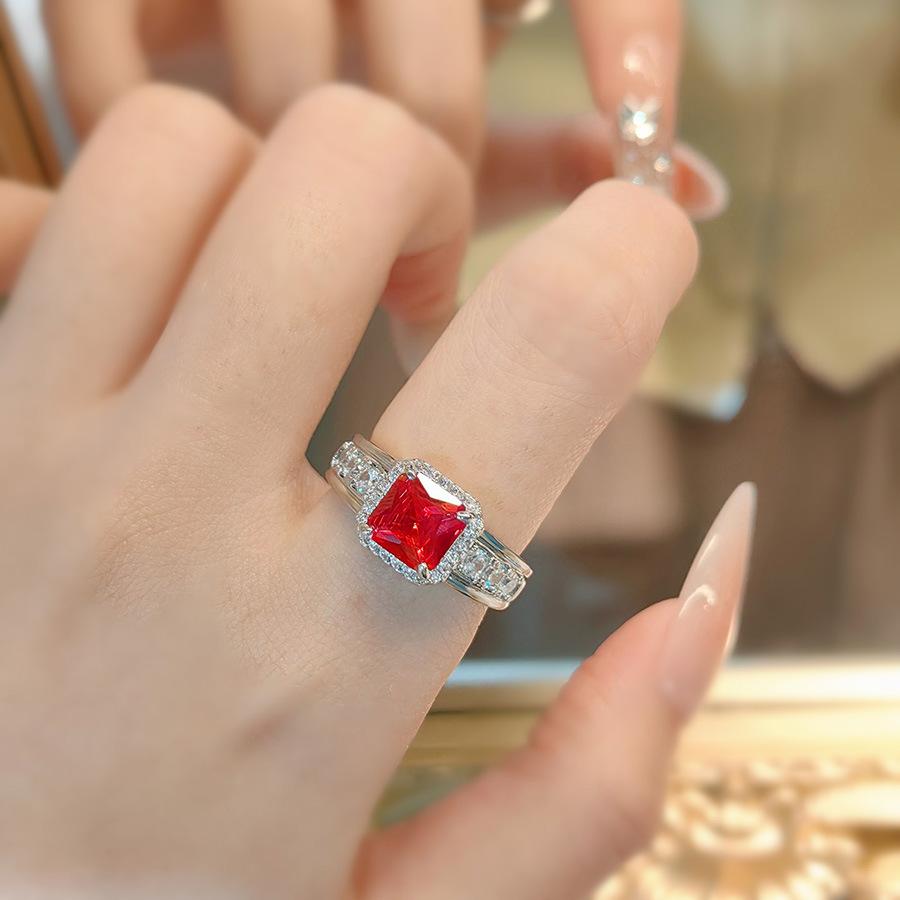 Fashion Light Luxury Temperament Princess Square Diamond Simulation Ruby Ring Retro Cotton Emerald Simple Women'S Ring