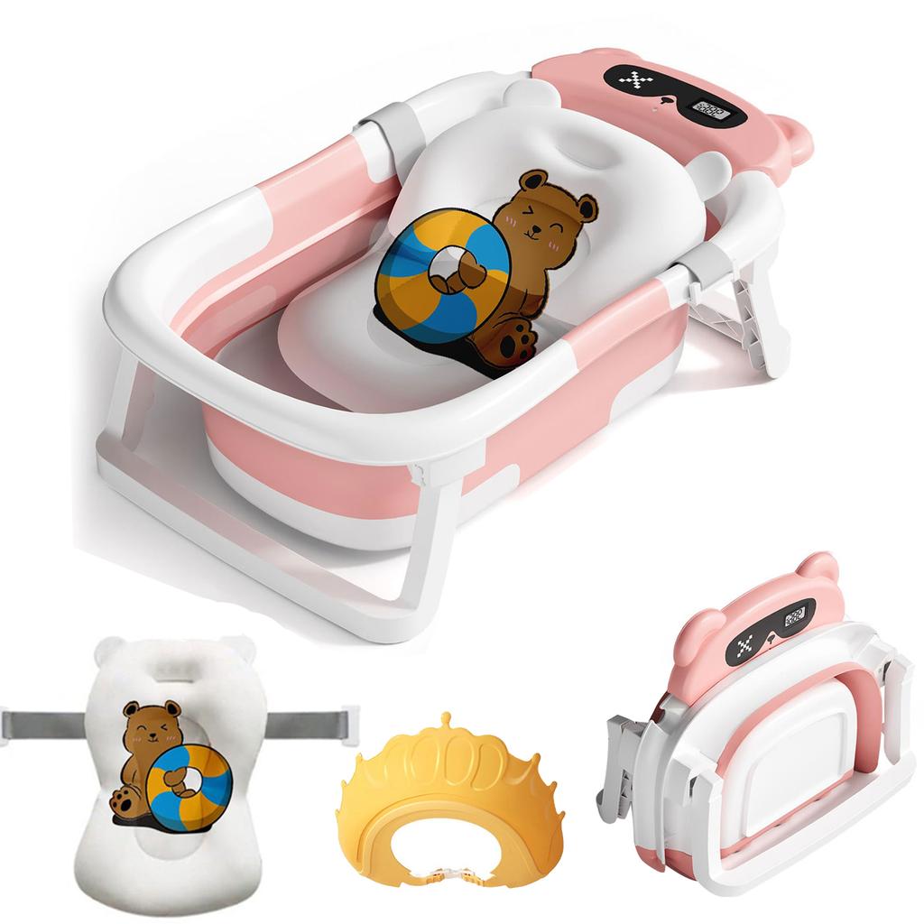 Baby Bath Tub with Bath Cushion Foldable Bathtub with Thermometer Shower Cap Shower Brush for Newborn and Toddler 0-36 Months