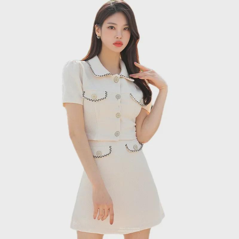 Costume deux pièces slim été 2023 pour femme: Veste courte et jupe moulante de style coréen