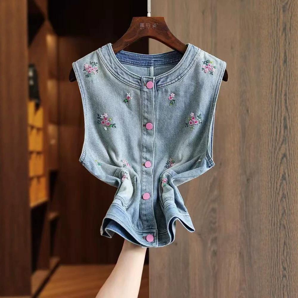 Blue Cotton Denim Vest Vest Women's Vest Crew Neck Heavy Industry Embroidery Crew Neck Stacked Top Round Neck Scattered Floral Embroidery Denim Vest