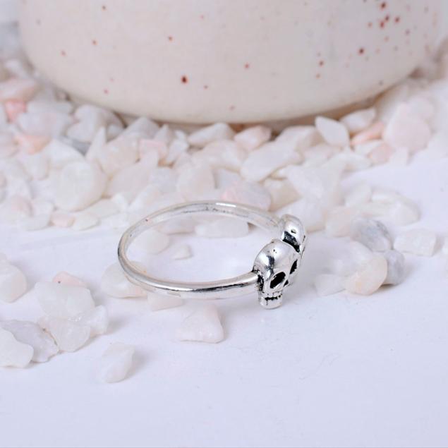Double Skull Silver Plated Ring | Minimalist Gothic Biker Brass Jewelry | Unique Friendship or Couple Ring