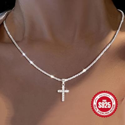 Colar de corrente feminino de prata esterlina com pingente de cruz, colar hipoalergênico para presente