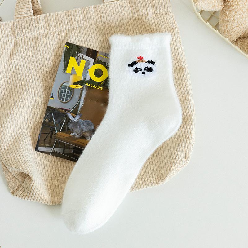 Cute Cartoon Mink Fur Socks for Children, White Mid-calf Socks, Thick and Warm Winter and Autumn Home Sleeping Socks