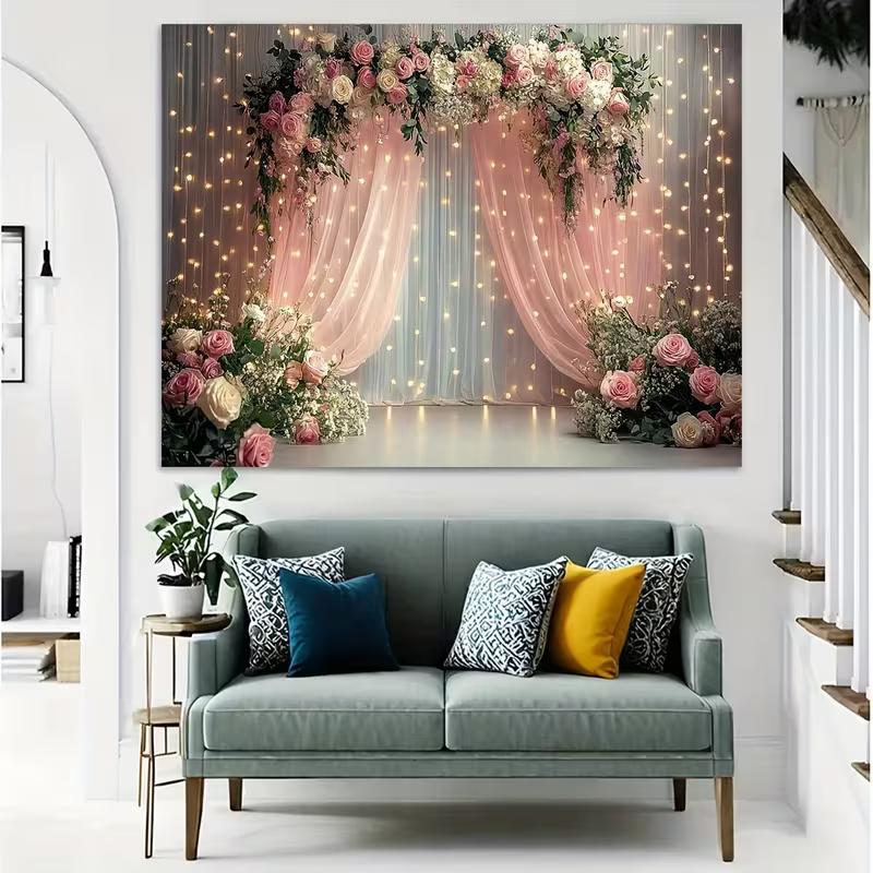 Pink Floral Wedding Arch Tapestry, Sheer Curtain with Lights Background Cloth, Romantic Party Backdrop
