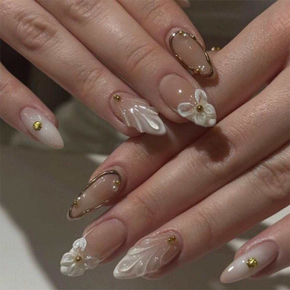 24pcs Manicure Long Almond False Nails Gilded Flower Pearl French Fake Nials Detachable Star Bow Press on Nails Women