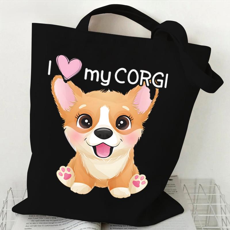 Liebt Corgis Druck Canvas Tragetasche Damen Einkaufstasche Teenager Faltbar Große Kapazität Corgis Liebhaber Schulterhandtasche