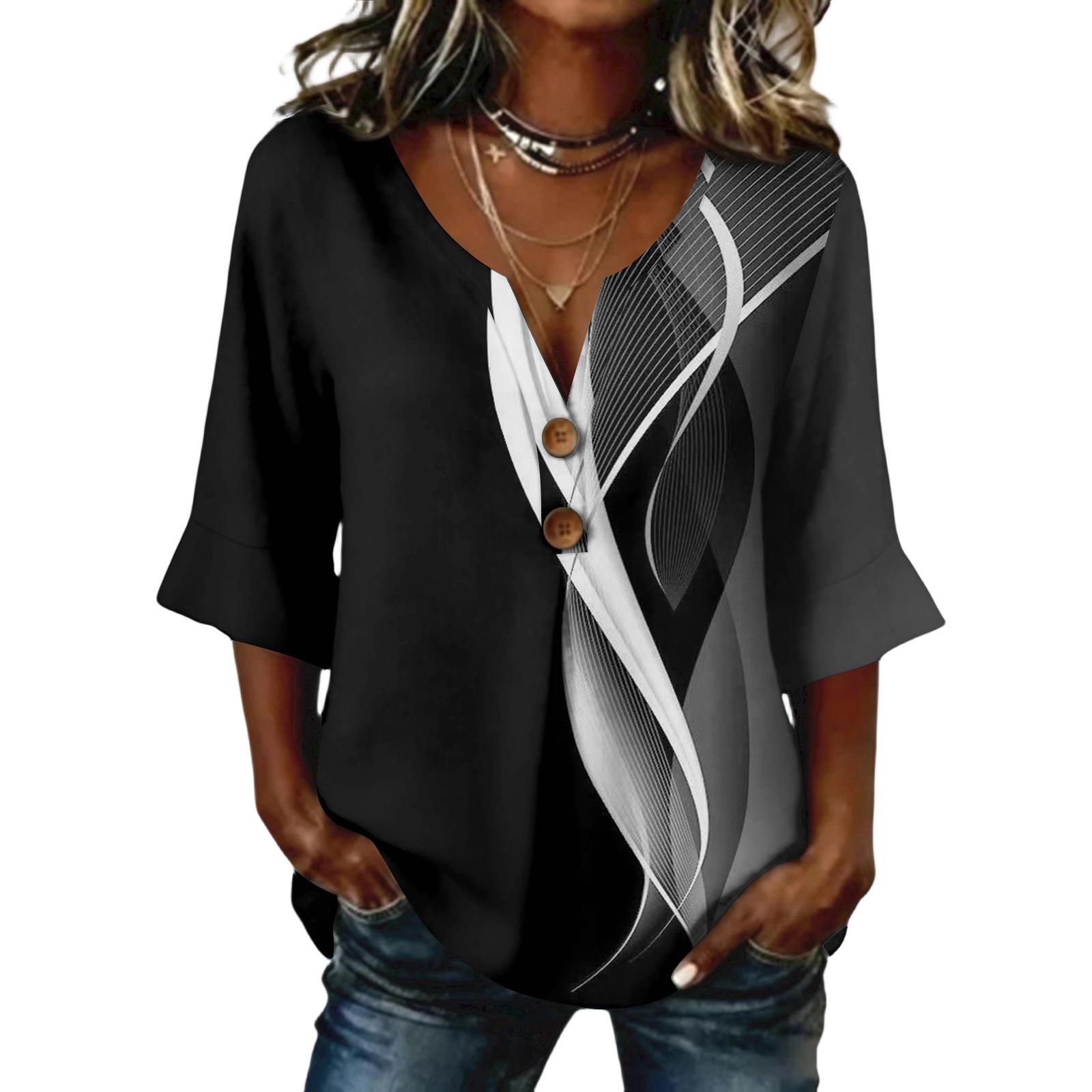 

Ladies floral print button casual V-neck fashionable seven quarter sleeve top XL білий