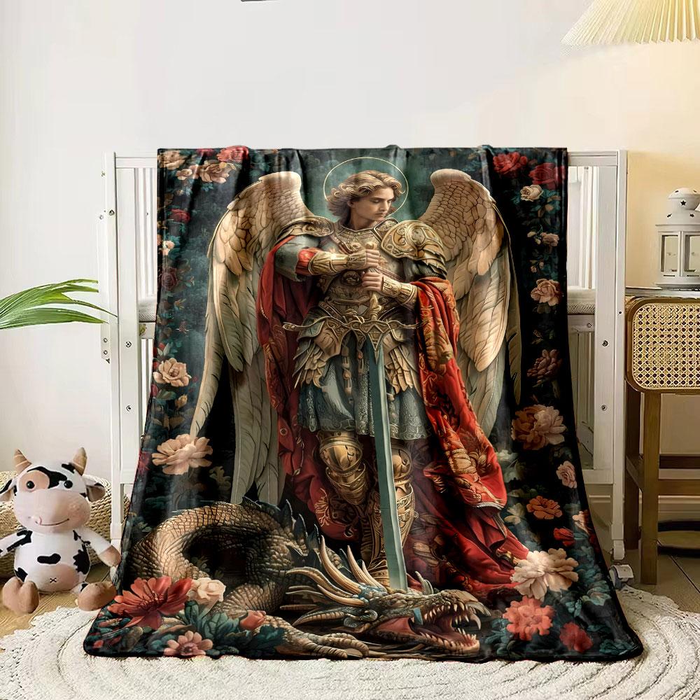 Archangel Michael Dragon Floral Blanket Bedroom Blanket for Livingroom Couch Lunch Break Soft Throw for Friend's Festival Gift