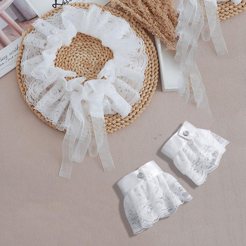 White Big Lapel Fake Collar And Black Detachable Cuff Lace False Collar Stand Removable Faux Col for Women Half Shirt Accessory