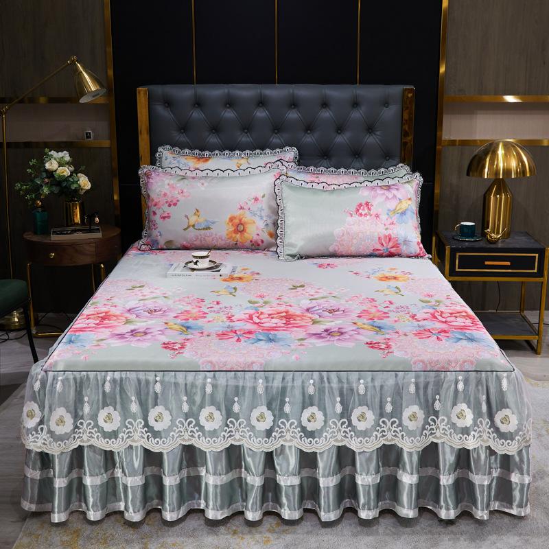 Blondertilpasset laken Luksus sengetøysett Romantisk ismatte sammenleggbare broderte laken Lin Sengetøy Queen Sengeteppe med skjørt