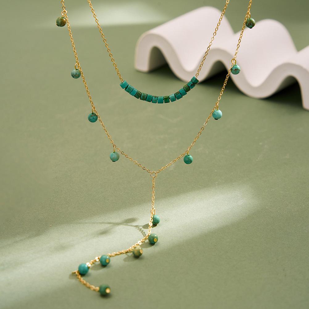 S925 Sterling Silver Two Layers Chain Layering Y-shape Turquoise Sweater Chain Necklace for Women Party Gift Necklace Jewelry