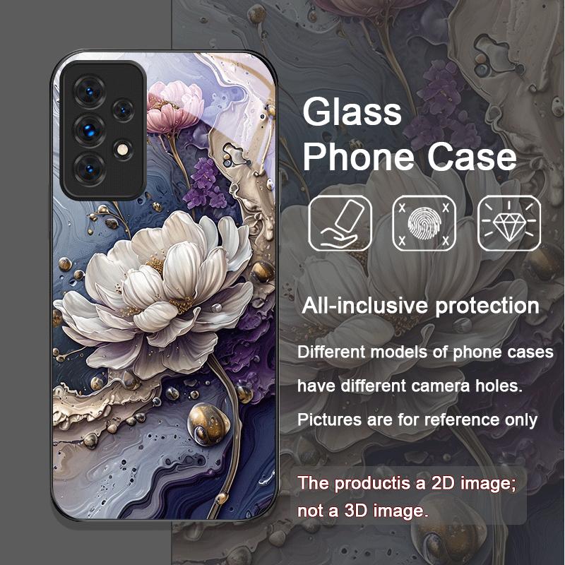 Luxury Lotus Marble Floral Pattern Tempered Glass Phone Case for Samsung Galaxy A56 A72 A55 A54 A53 A52 A36 A15 A14 A13 5G Cover