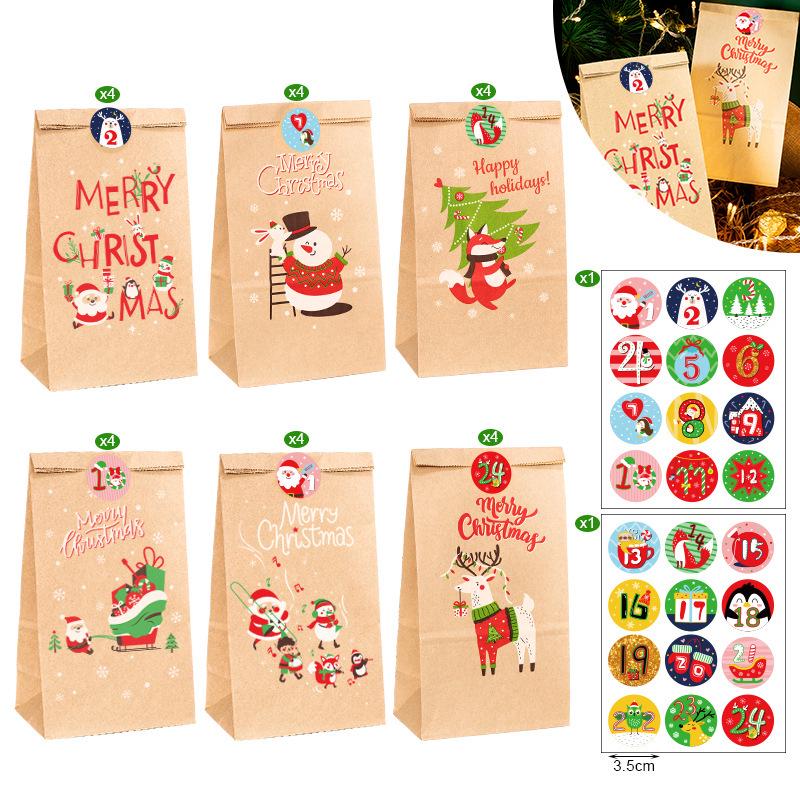 Christmas Gift Bags with Stickers - 24 Sets Advent Calendar Candy Paper Bags
