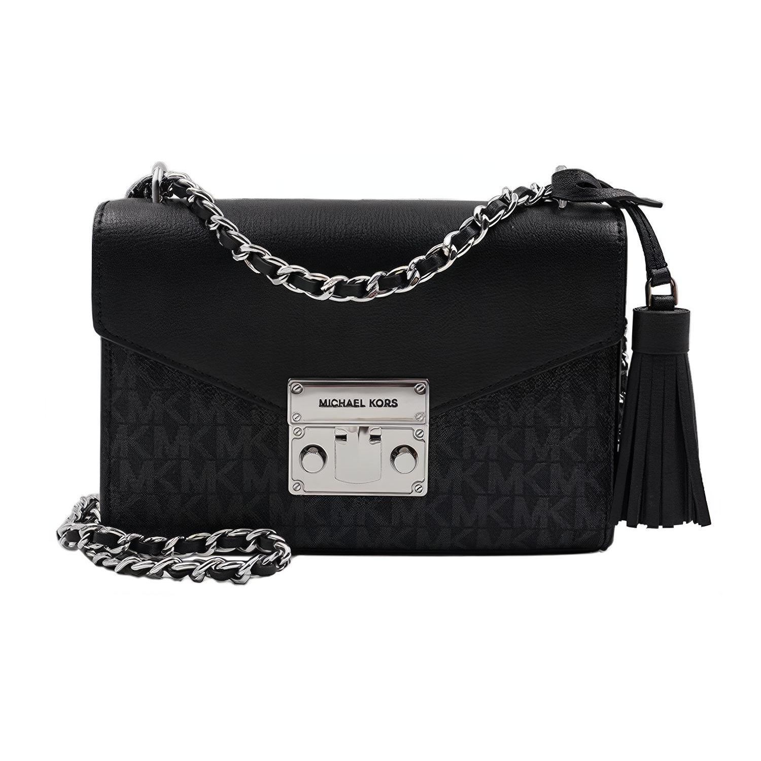 

Michael Kors MK Rose Vintage Floral Print Tassel Chain Flap Commuter Leather Shoulder Crossbody Bag Medium Women Bags Black 35T0SXOC1B-001 Basic Set (Bag+Dust Bag)