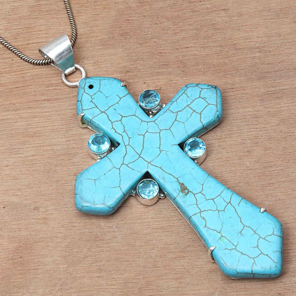 Pendant Tibetan Turquoise CrosGemstone Women'Unisex Silver Jewelry 3.75"