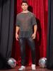 Lars Amadeus Glitter Mesh Sheer Short Shiny Top for and Silver Size L T-Shirt, See-Through, Sleeve, Parties, Clubwear, Holidays, Men's, Gray,