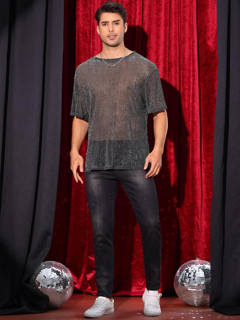 Lars Amadeus Glitter Mesh Sheer Short Shiny Top for and Silver Size L T-Shirt, See-Through, Sleeve, Parties, Clubwear, Holidays, Men's, Gray,
