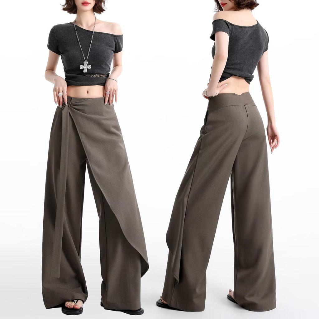 Women's Brown-Gray Wide-Leg Pants with Flowing Ribbons, 2026 New Style, Slimming, Good Drape, Casual Straight-Leg Suit Pants.