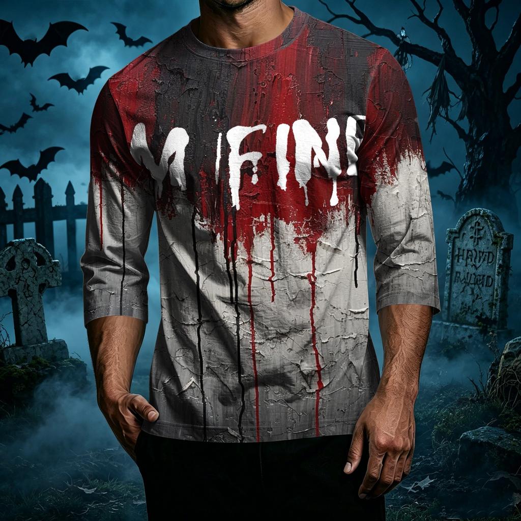 Men's Casual Halloween Print Crew Neck T-Shirt Three Quarter Sleeve Top Lightweight Comfortable Fit