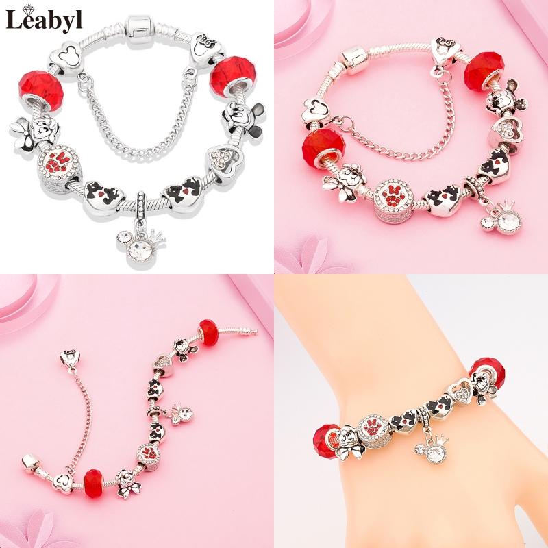 Potdemiel Pink Enamel Crystal Minnie Charm Bracelets Silver Color Heart Cartoon Bead Jewelry for Women Girl Gift