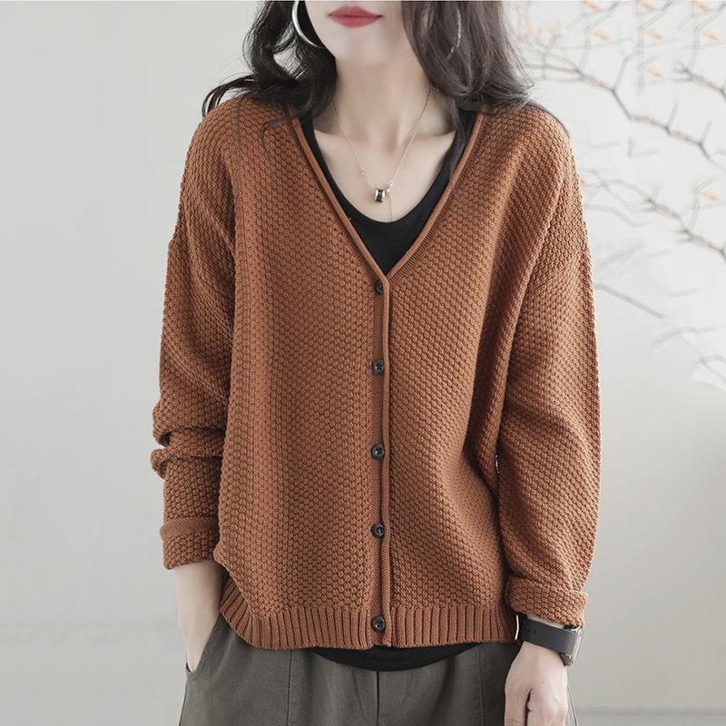 Retro Style Sweater Jacket for Women Spring and Autumn New Style V-neck Loose Knit Cardigan Casual Top