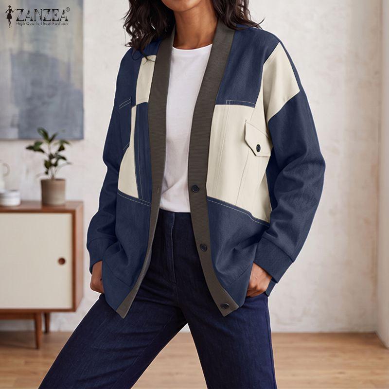 ZANZEA Women Casual V-Neck Loose Long Sleeve Patchwork Cardigan Blouse