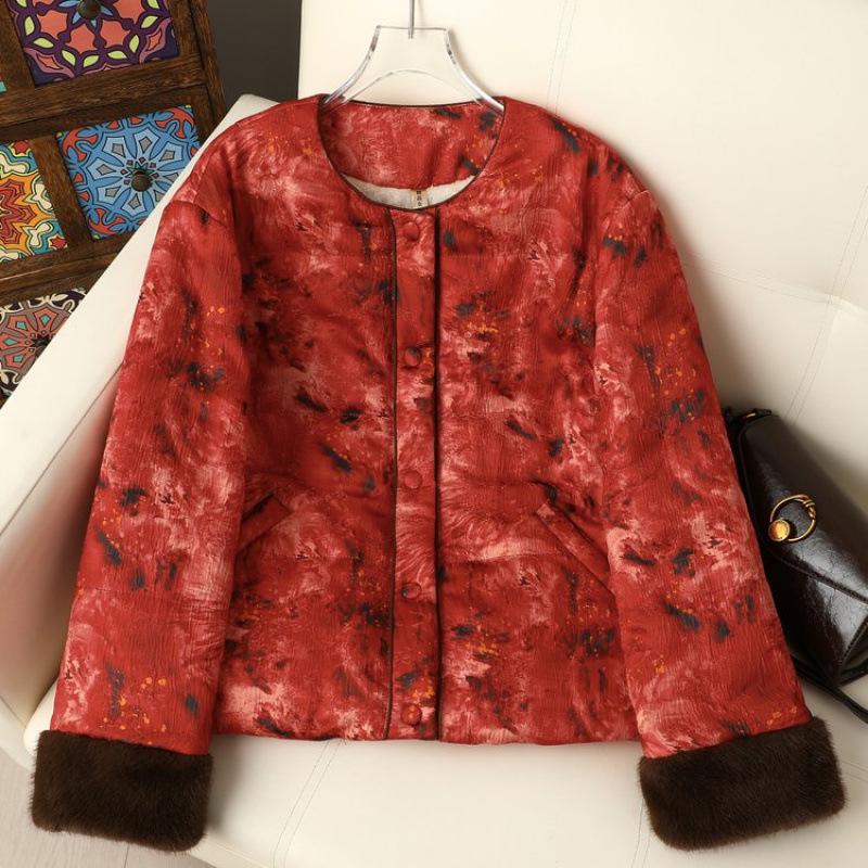 

Women s Warm Cotton-Padded Jacket: Winter Round Neck Loose Fit, Chinese National Style 5XL (Suitable for 150-160 jin) красный