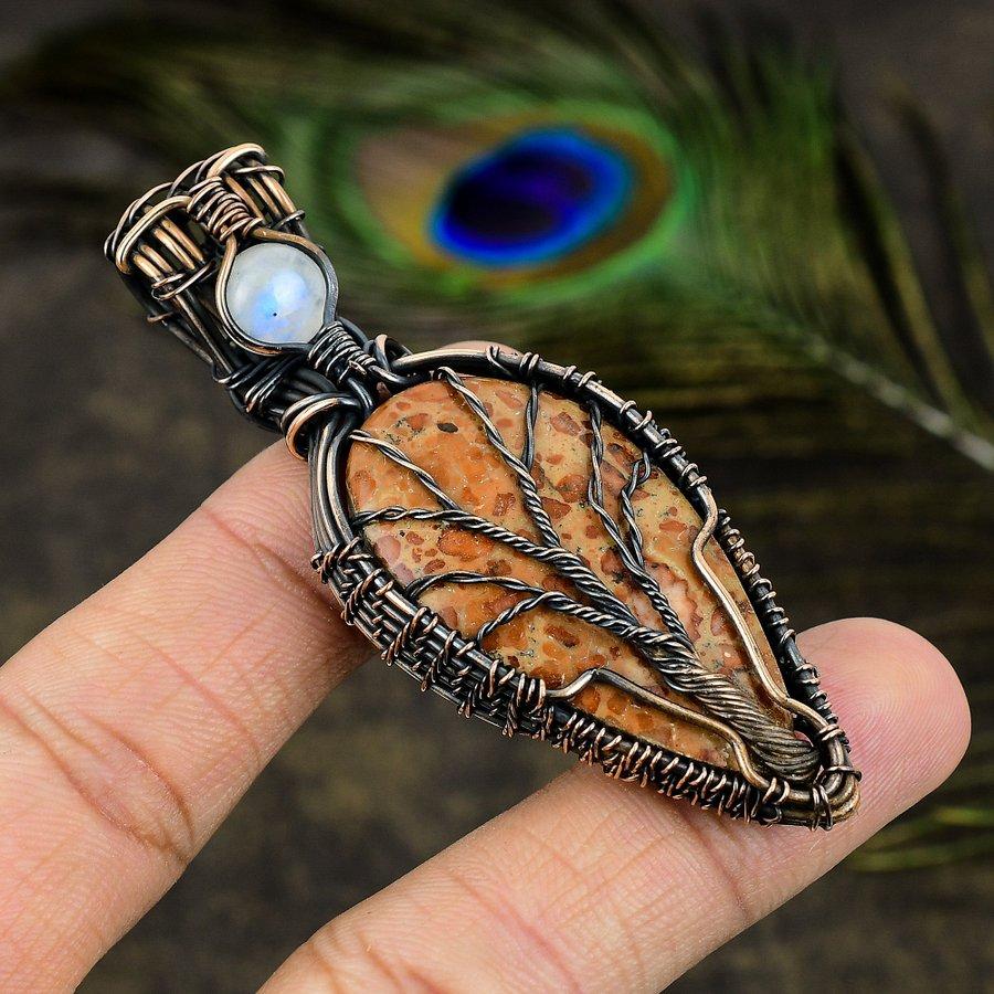 Leopard Skin, Moonstone Gemstone Copper Wire Wrap Jewelry Pendant 2.80"