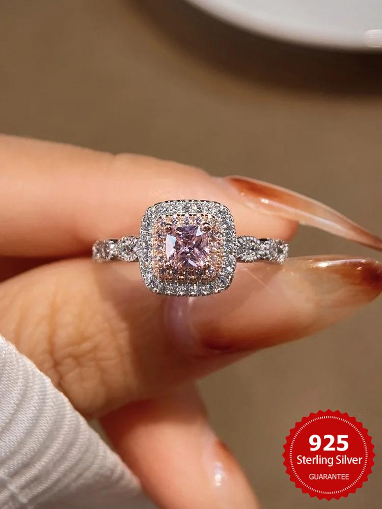 925 Sterling Silver Geometric Four Claw Square Fashion Pink Ring For Women Engagement Wedding Luxury High Quality Fine Jewelry