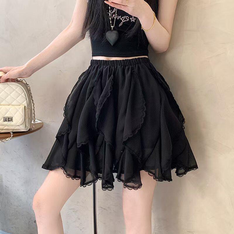 New high-waisted slim skirt summer splicing lace lace white cake irregular skirt