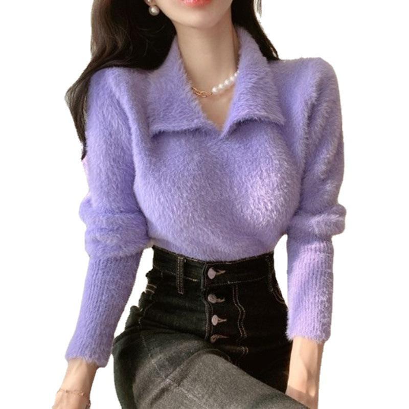 Temperament Celebrity Imitation Mink Sweater Women's Autumn and Winter Lapel Collar Foreign Style Waist Design Knitted Sweater Short Top