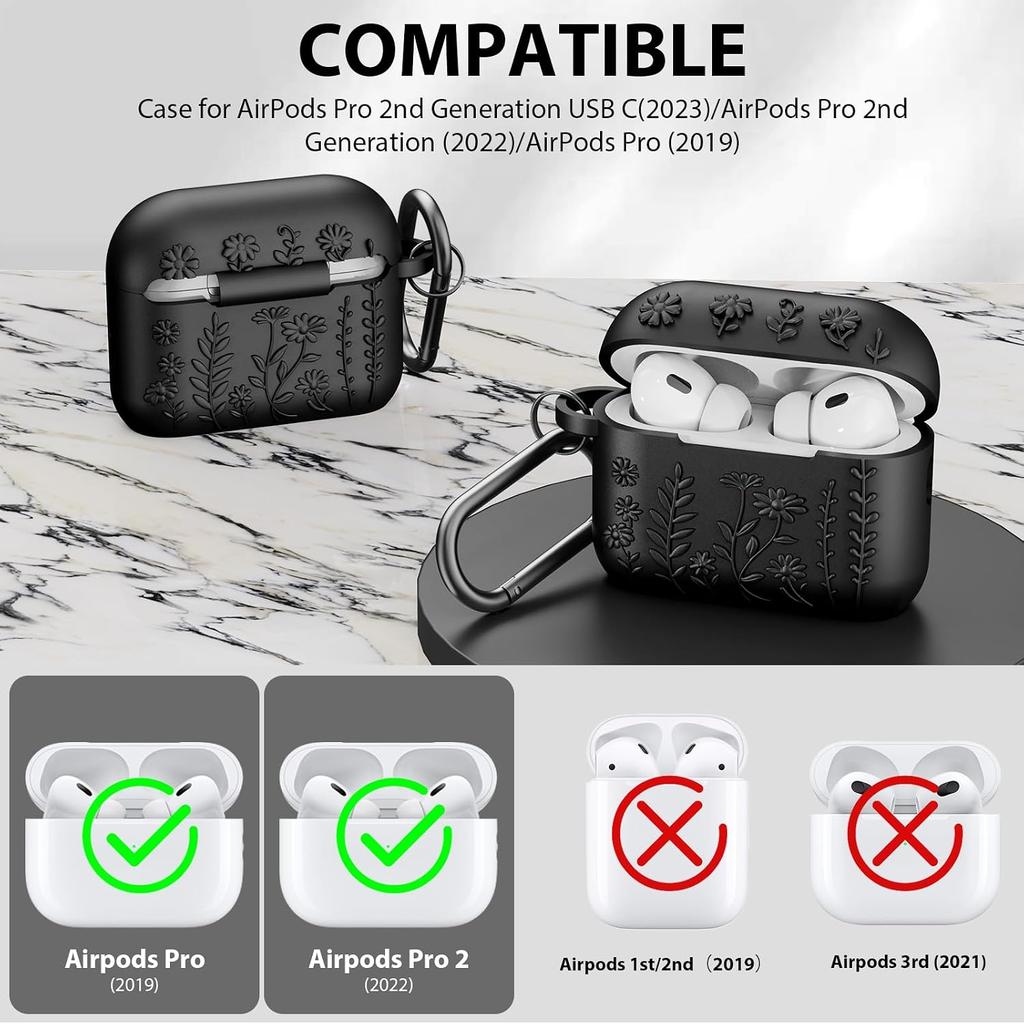 AIRSPO Airpod Pro 2nd Generation Case, 3D Floral Embossed Soft Silicone Protective Cover with Cleaner Kit for Apple Airpods Pro 2nd 1st Gen Case with