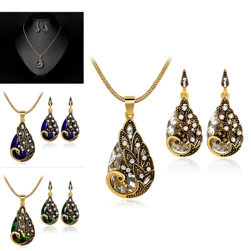 Stunning Waterdrop Blue Zircon Peacock Necklace And Earring Set Perfect For Holiday Celebrations