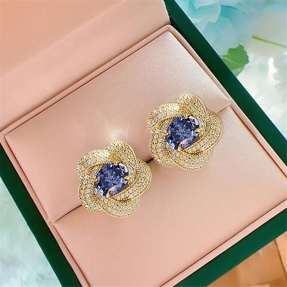 Cute Female Big Blue Stone White Zircon Flower Stud Earrings Gold Color Wedding Jewelry For Women