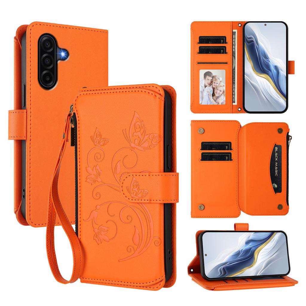 For Samsung Galaxy A37 5G Leather Case Butterfly Floral Imprint Zipper Wallet Stand Cover with Wrist Strap
