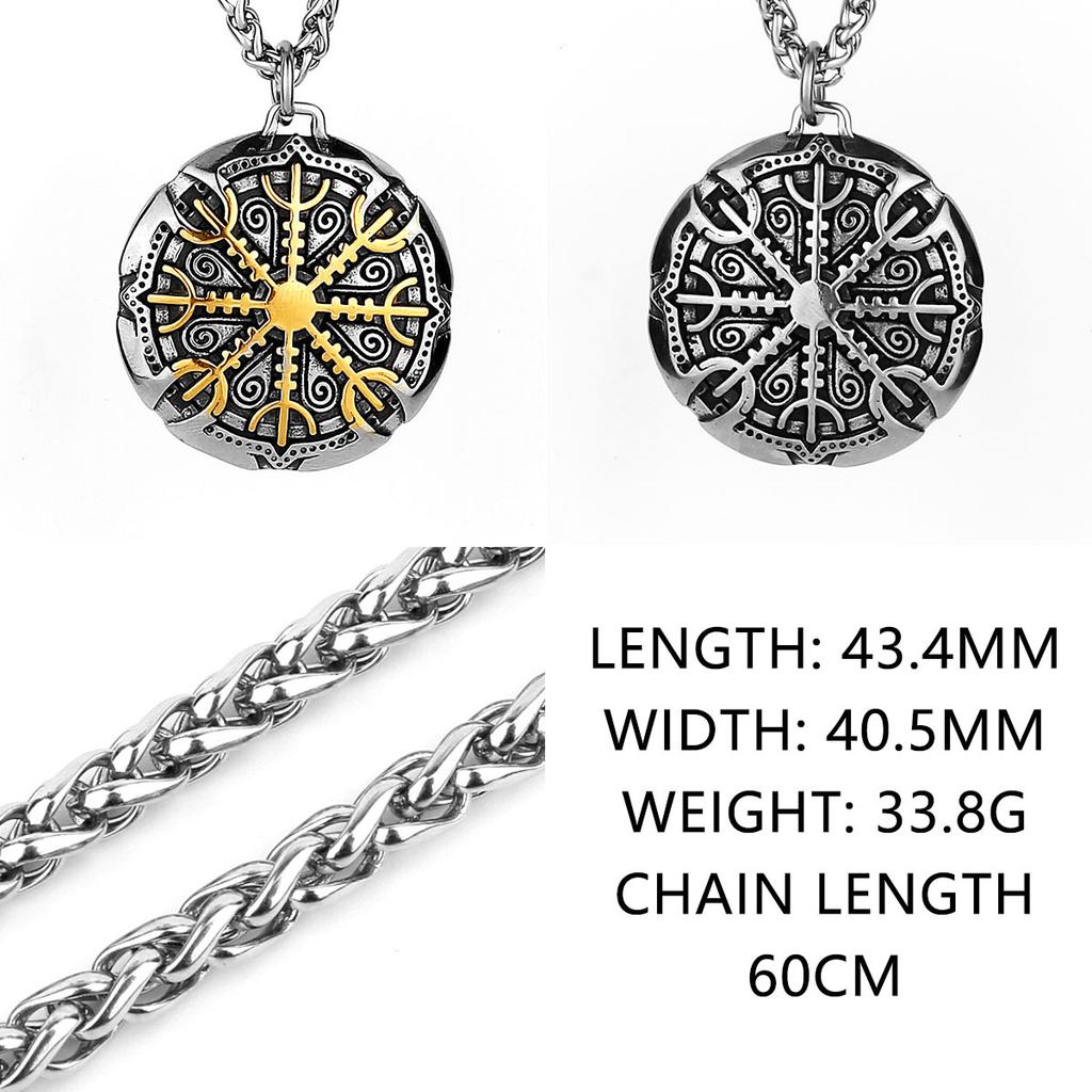 Viking Odin logo compass, titanium steel pendant, European and American style, stainless steel pendant necklace, including 60cm keel chain