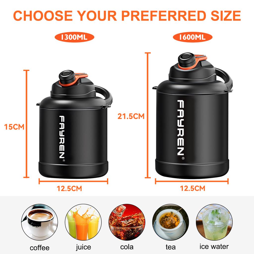 FAYREN 1300ml 1600ml High Capacity Outdoor Mountain Climbing Insulated Stainless Steel Sports Water Bottle with Strap