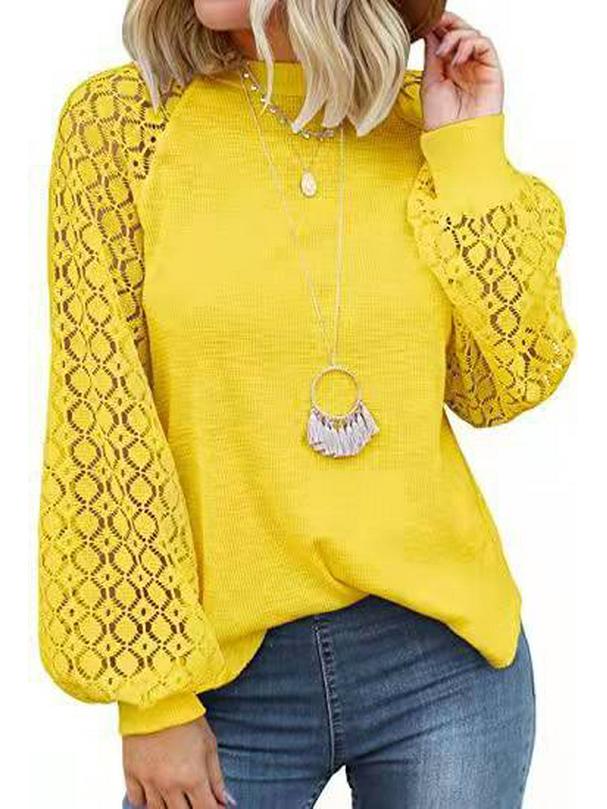 2025 Women's Lace-Trimmed Round Neck Long-Sleeve Loose Top