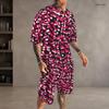 Men Plus Size Blue White Printed Round Neck Short Sleeve Top And Shorts With Pockets Two Piece Set