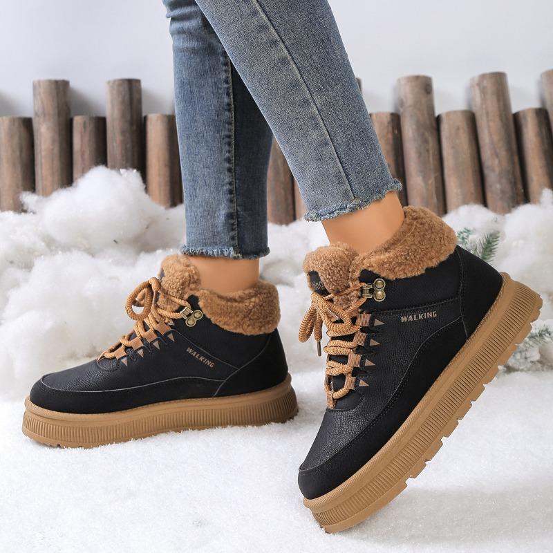 High-top Cotton Shoes, Fleece Women's Shoes, Round-toe Lace-up Sports and Casual Board Shoes