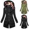 Autumn Winter Women Long Sleeve Coat Zip Irregular Floral Print Hood Jacket