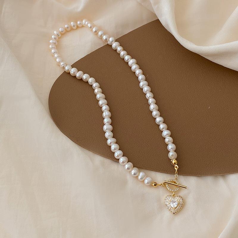 Romantic Love Heart Shiny Crystal Natural Freshwater Pearl 14K Gold Filled Female Pendant Necklace  For Women Gifts