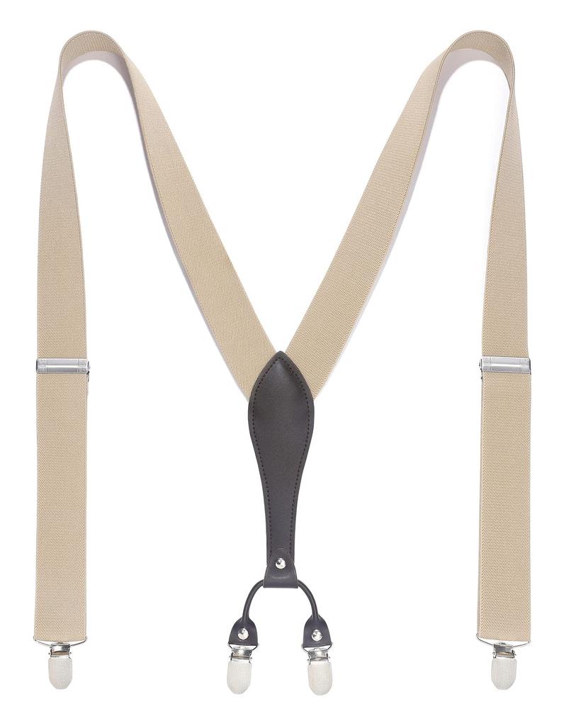 HISDERN Beige Wide Stylish Business Adjustable Elastic Secure with 6 Popular BY Men's Y-Shaped Suspenders, 35mm, Gift, Suspenders, Strap, Clips, Gift,