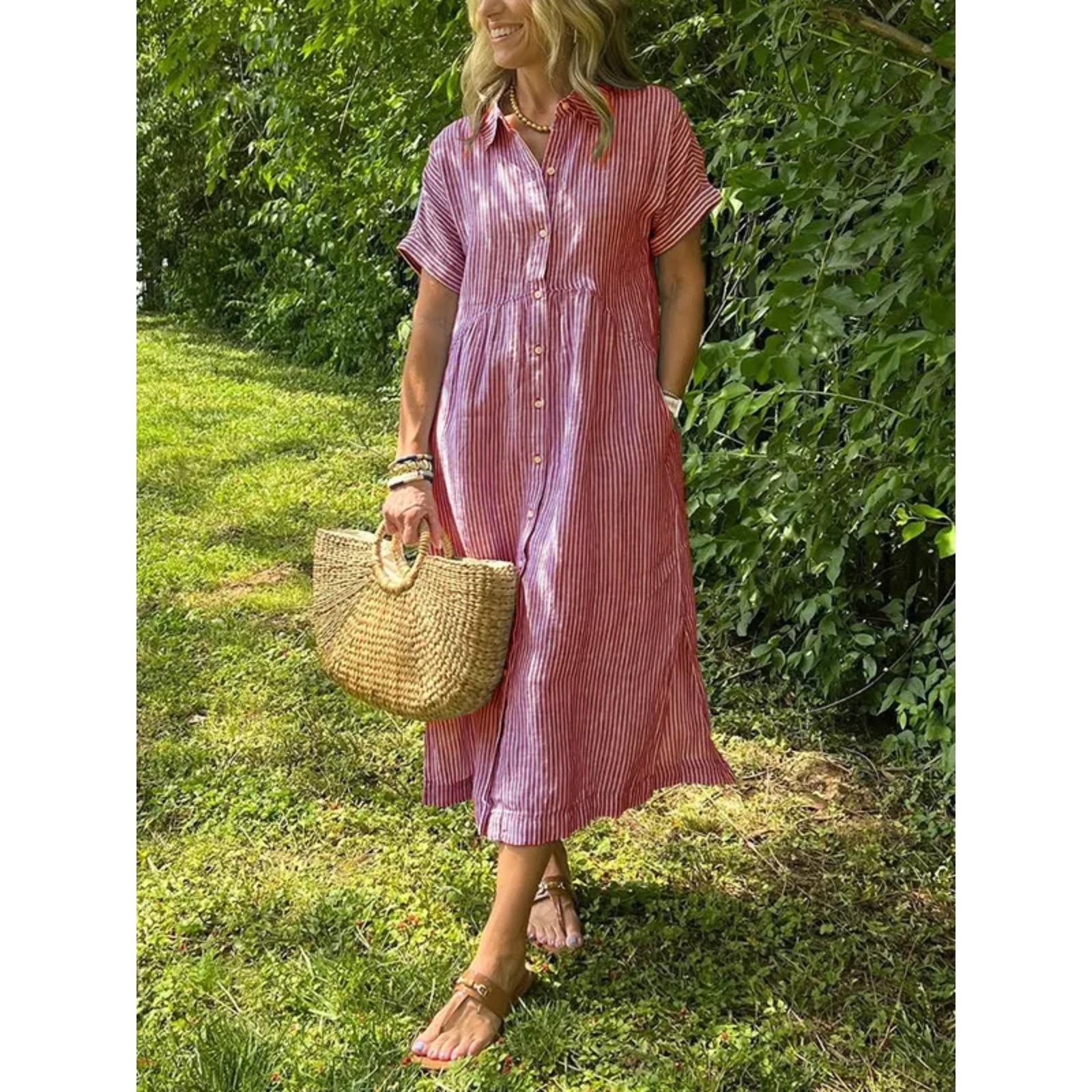 Summer Women s Striped Dress Shirt Lapel Loose Button Cardigan Pocket Fashion Vacation Casual Street Midi Skirt for Female S