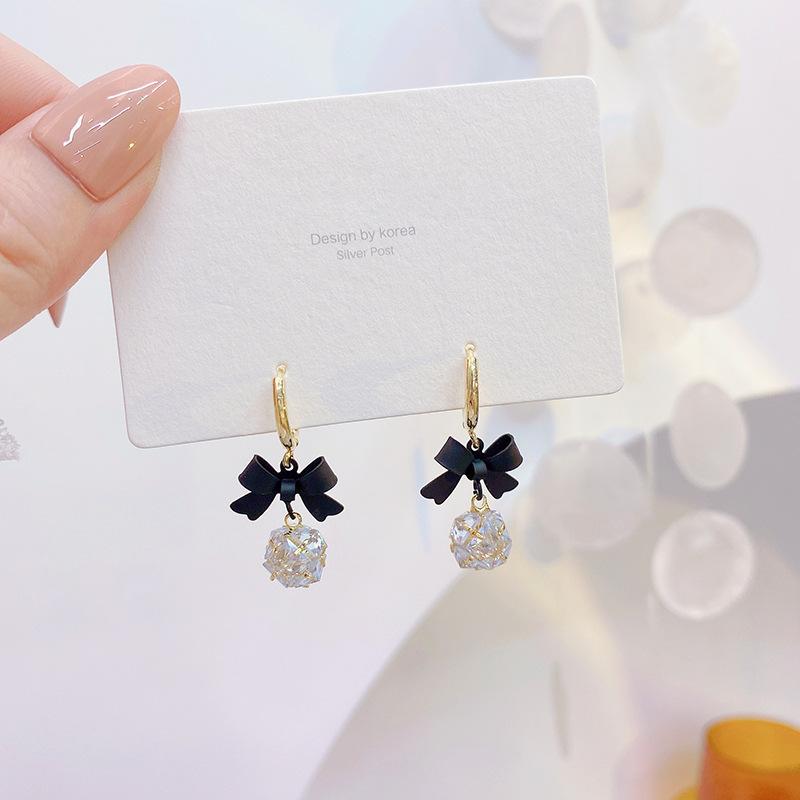 New Fashion Jewelry 14K Real Gold Plating Zircon Ball Pendant Black Ribbon Bow Knot Earrings Elegant Women's Prom Party Earrings